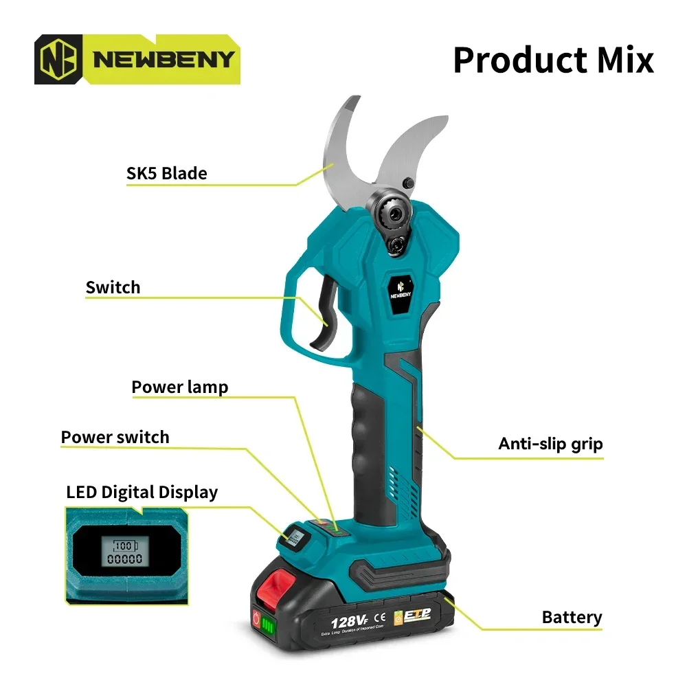 NEWBENY 45mm 4 Gears Brushless Electric Pruner Shear Efficient Rechargeable Garden Beautify Power Tools For Makita 18V Battery 3