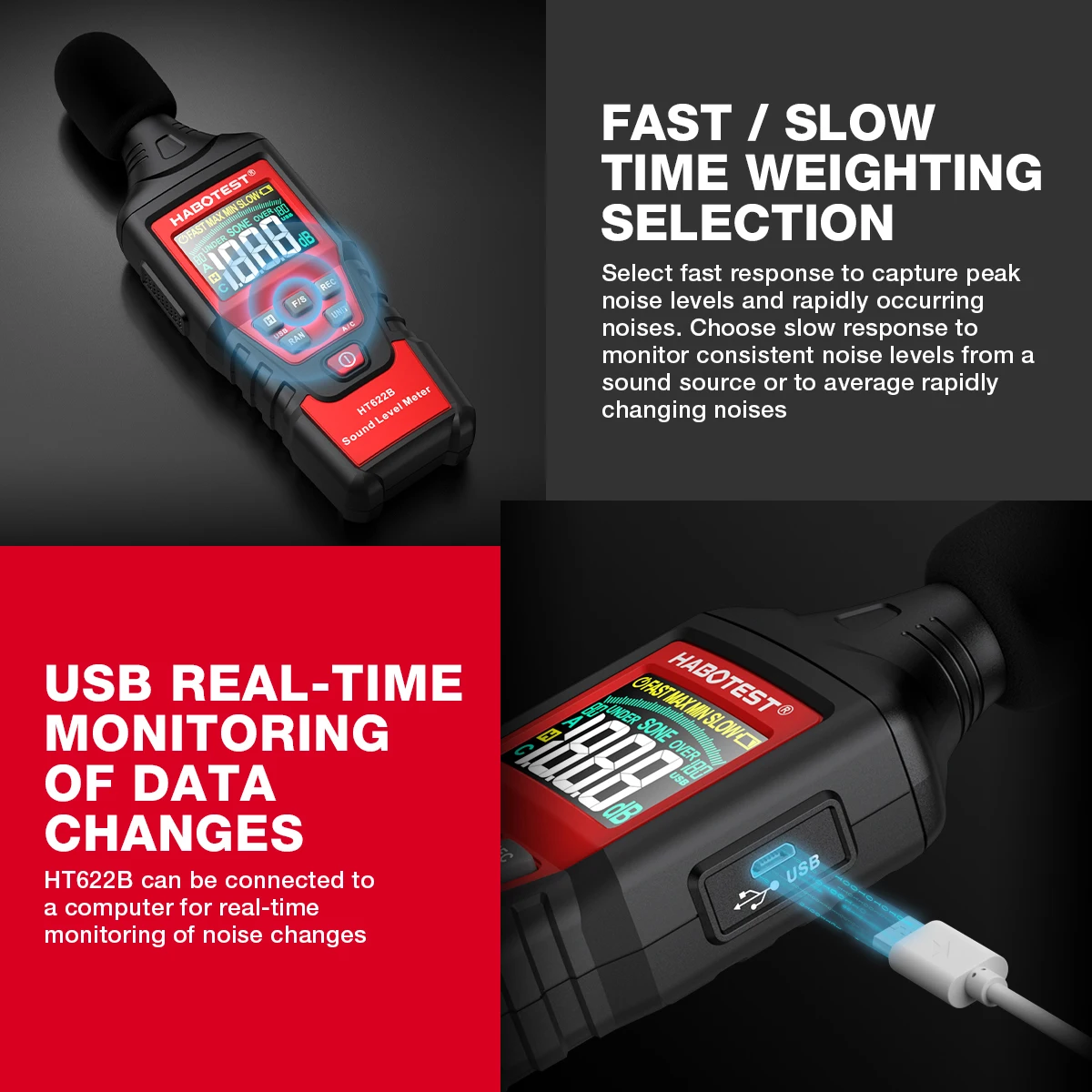 Sound Level Meter Digital Noise Meter HABOTEST HT622 Sound Level Meter Portable SPL Meter 30dBA to 130dBA Audio Noise Volume Measuring Instrument Decibel