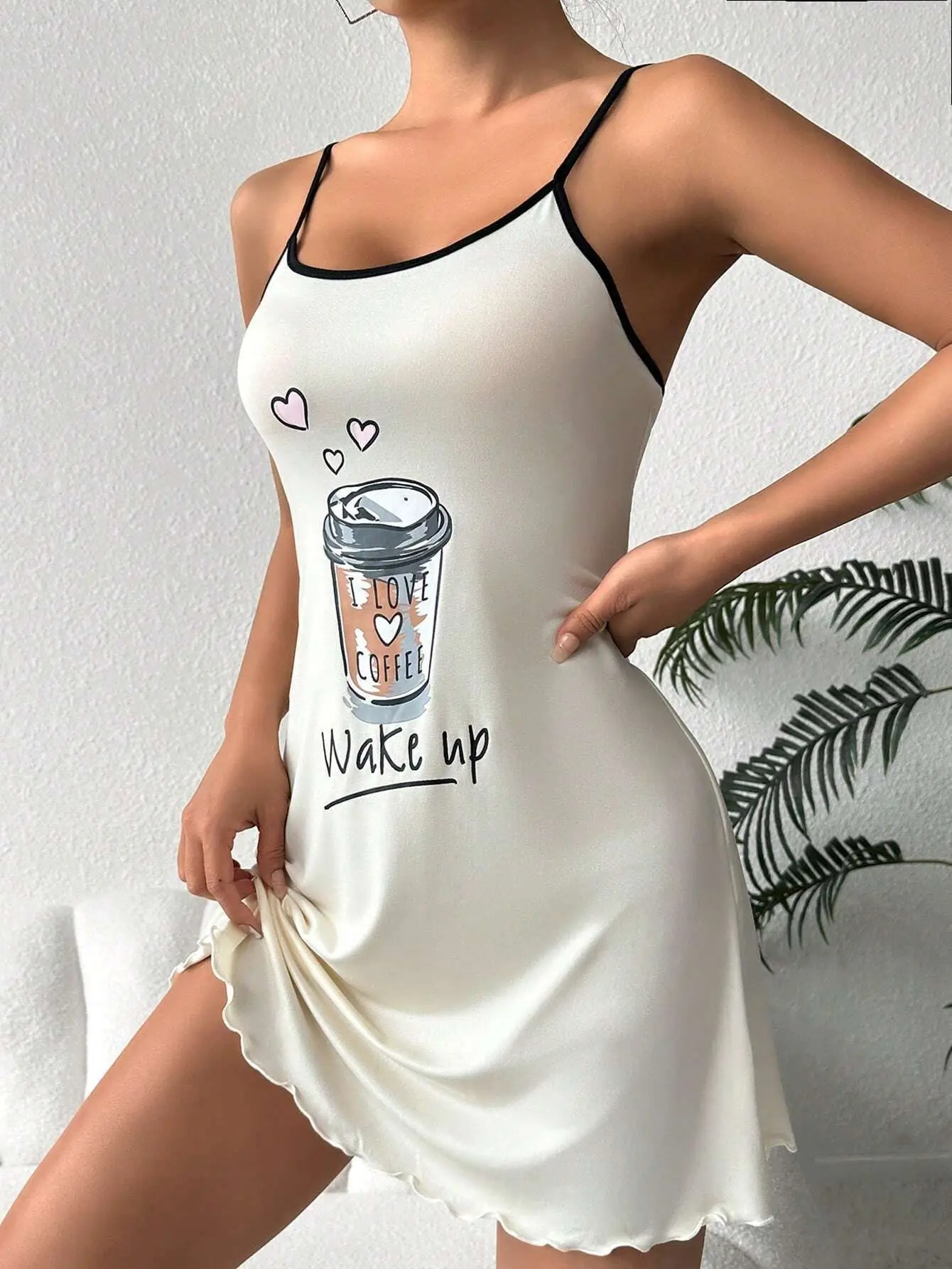 New Womens Summer Cute Coffee Letter Print Sleep Dress Spaghetti Strap Mini Cami Nightgown Lettuce Hem Contrast Trim Loungewear