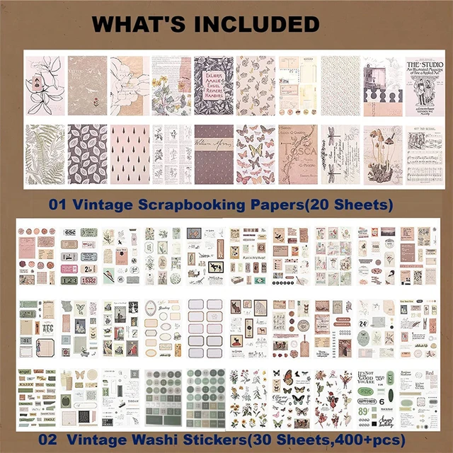 414Pcs Vintage Stickers for Journaling 20 Scrapbook Papers