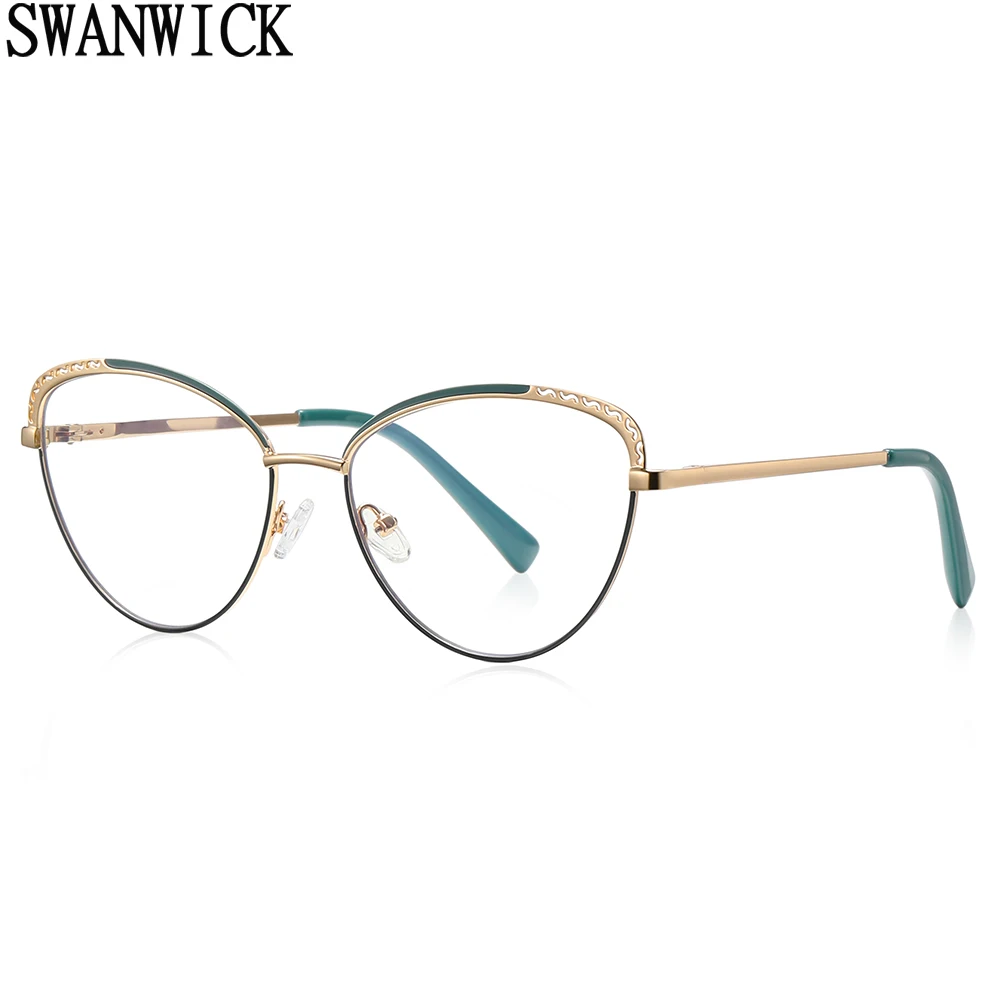 

Swanwick hollow cat eye glasses frame optical spring hinge square glasses for women anti blue light metal green pink female