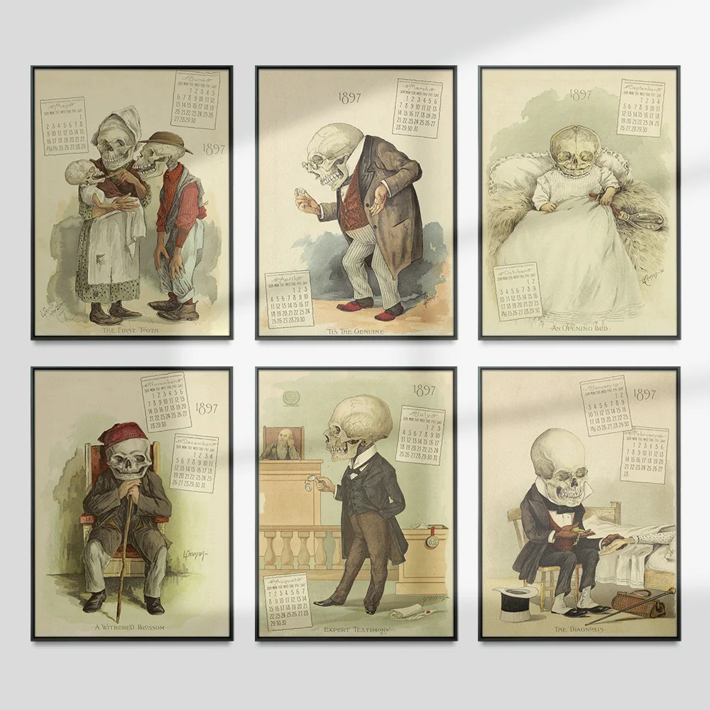 

Vintage Poster Calendar Antique Medical Skull Skeleton Wall Art Canvas Painting Print Picture Funny Bone Decor