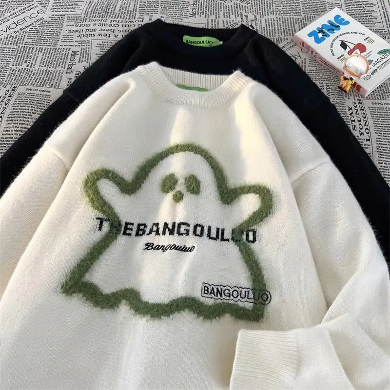 

Korean cartoon funny round neck sweater for men 2023 autumn and winter niche trendy brand street lazy style couple style sweater