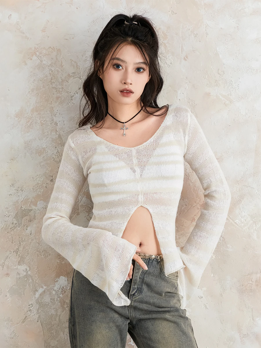 

Fashion Long-sleeved Knitted Slit See-through Slim Crop top for Women y2K Sexy Striped V-neck Blouse Aesthetic Streetwear