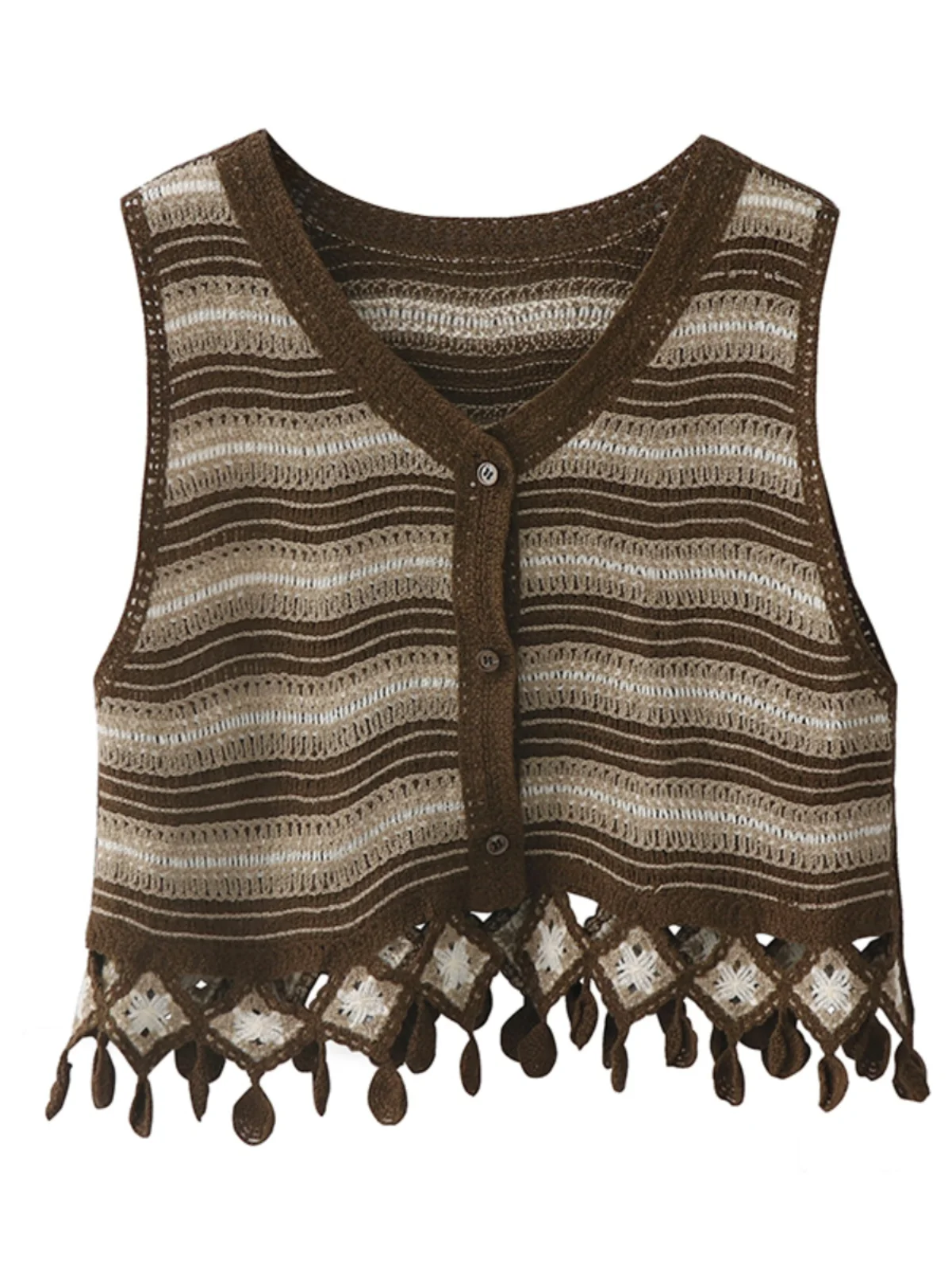 

Spring Autumn French Retro Forest Style Crocheted Hollow Striped Tassels Knitted Vests Women's V-neck Stacked Vest Small Jacket