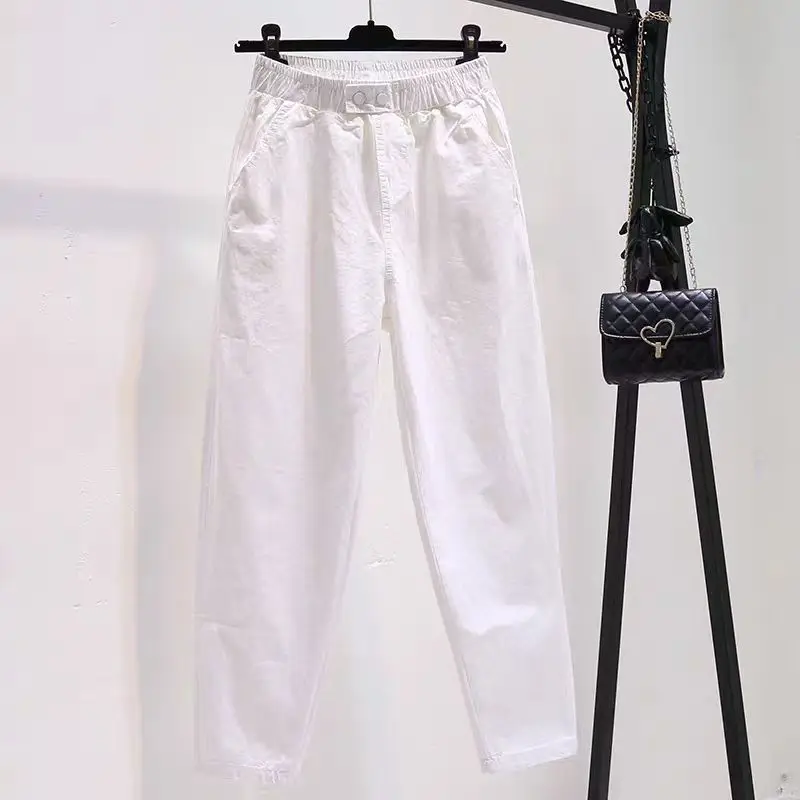 2024 New Simple Casual Versatile New Summer Solid Color Women's High Waisted Elastic Fashion Loose Pocket 9-inch Harlan Pants