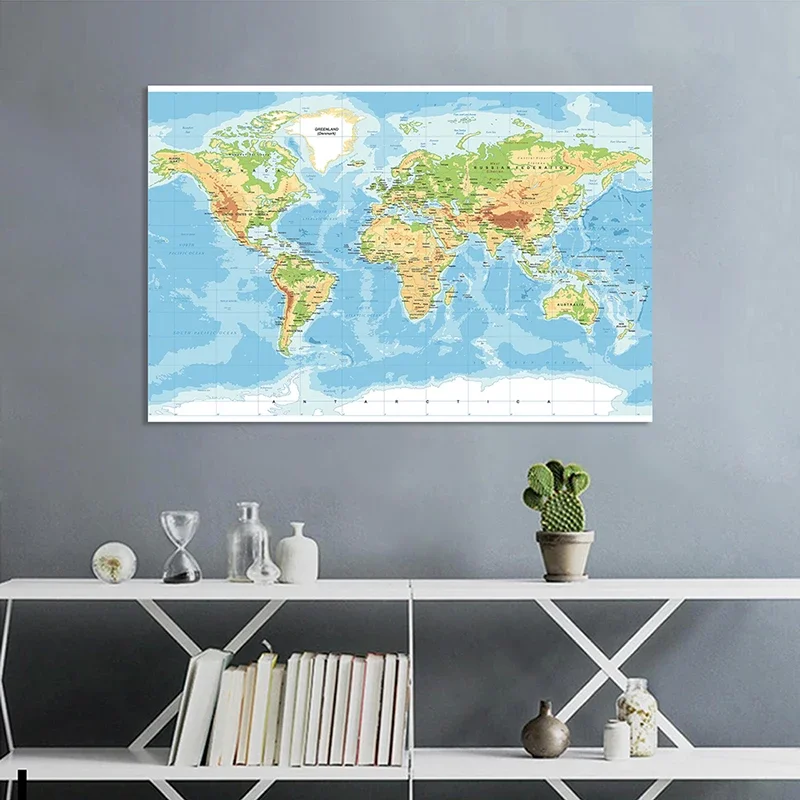 150*100cm Terrain Map of The World Wall Art Poster Large Canvas Painting Education School Supplies Office Classroom Home Decor