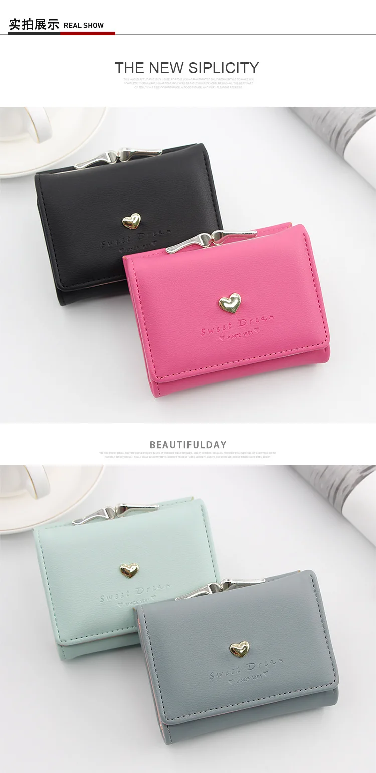 Porte-monnaie en cuir couleur bonbon pour femmes, couleur unie, portefeuille court Vintage à loquet en forme de cœur, porte-cartes pour dames et filles, nouvelle collection_voghion.com