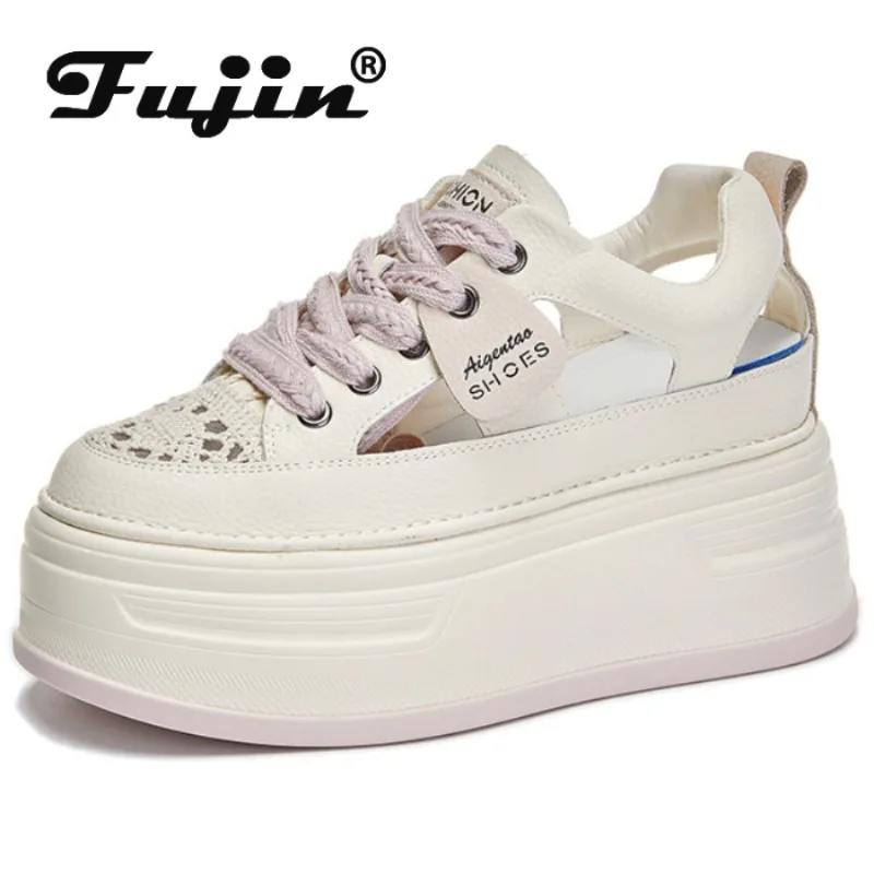 

Fujin 9cm Air Mesh Genuine Leather Women Casual Platform Wedge Hidden Heel Summer Shoes Chunky Sneakers Fashion Hollow Sandals