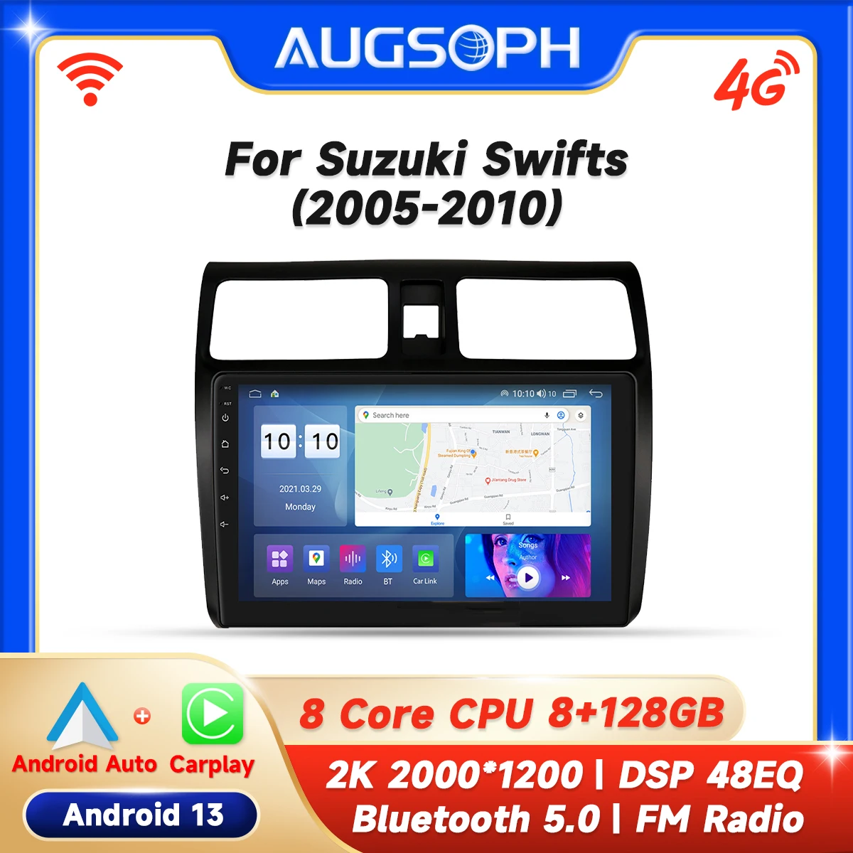 

Автомобильный радиоприемник Android 13 для Suzuki swiches 2005-2010, 10-дюймовый мультимедийный плеер с 4G WiFi Car Carplay и 2Din GPS-навигацией.