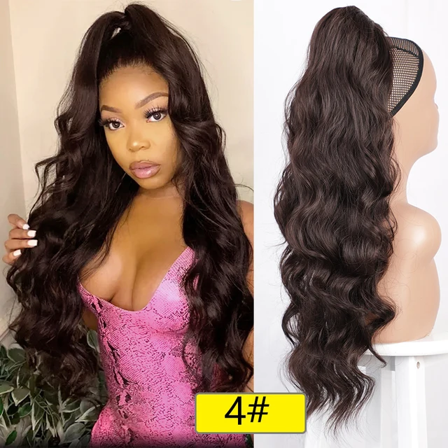 MONIXI Synthetic Long Wavy Ponytail Hair Synthetic Drawstring Ponytail Clip in Hairpiece Black Wave Ponytail for Black Women 4