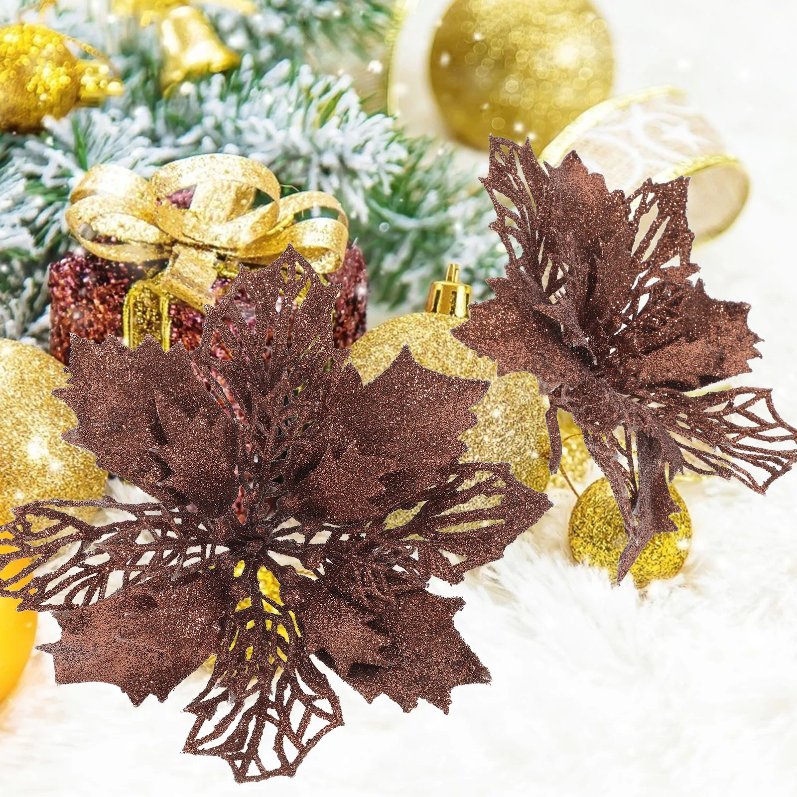 

Christmas Ornament Glitter Poinsettia Flowers Hollow Artificial Flowers Xmas Tree Wreaths Decor