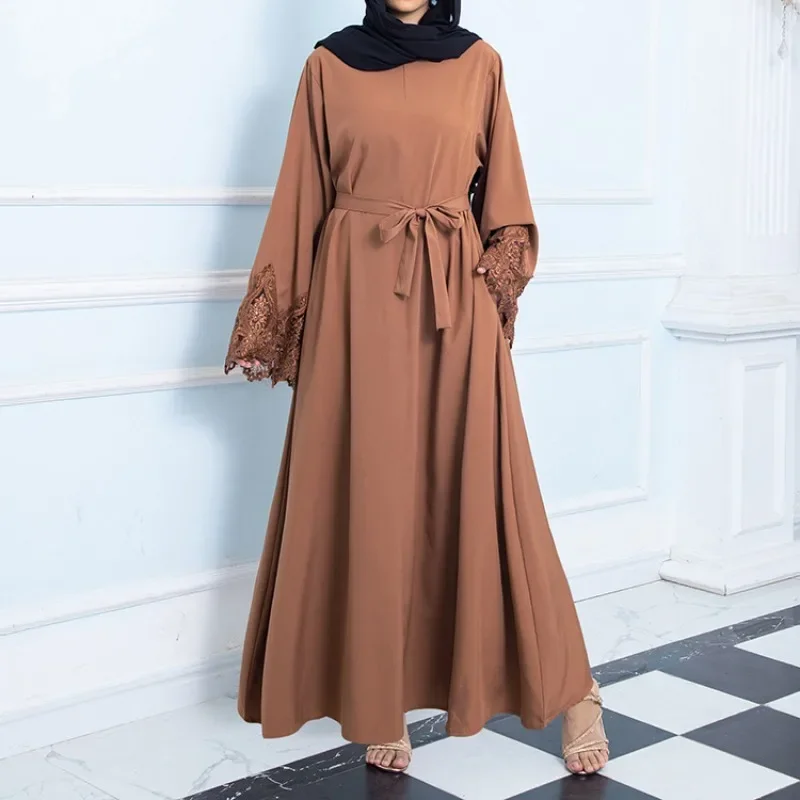 Islam Abaya Dress for Women, Embroidered Sequin Cuffs, Monochrome Robe, Casual Muslim Dress, Europe and America, 2024