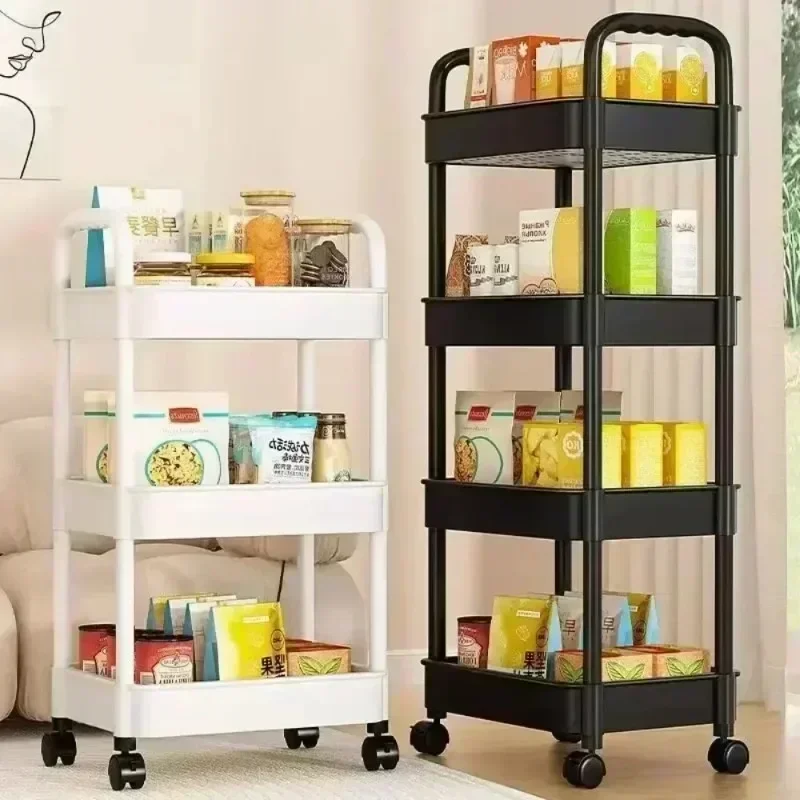 Plastic Trolley Storage Rack Floor Standing Kitchen Bathroom Multi-layer Snack Storage Rack Movable Clip on Rack