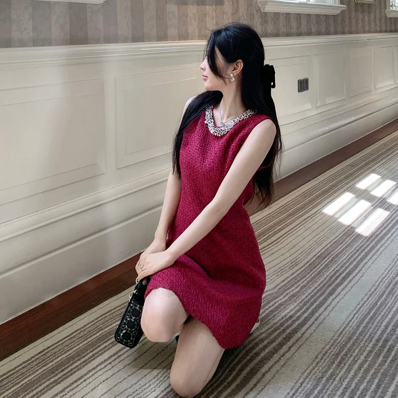 

High Street New Fashion 2024 Women's Spring Summer Tank Sleeveless Heavy Industry Embroidered Flares Tweed Claret Mini Dress