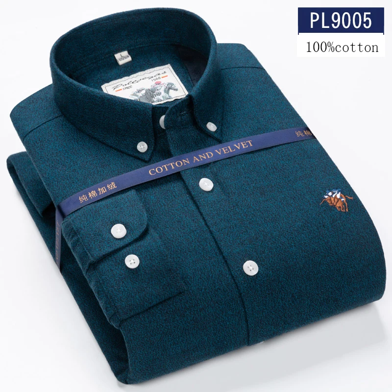 Autumn Plush thicken long-sleeve shirts for men slim fit formal 100%cotton warm shirt solid embroidery Casual office clothes