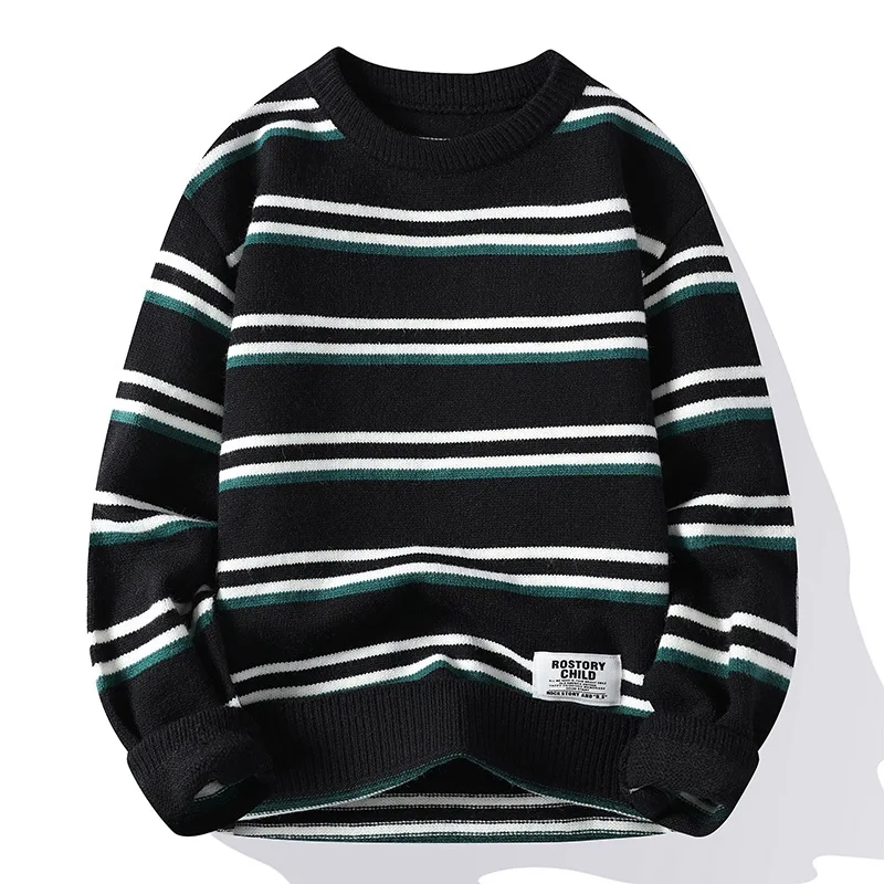 

M-3XL Mens Sweaters Loose Autumn Winter O-neck Long Sleeve Striped Casual Tidal Current Soft Male Knitwear Top Clothes Hw57