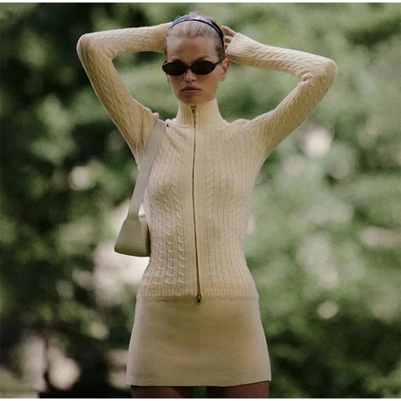 Casual Knitted Solid Zipper Sweater Woman Vintage Slim Fit Stand Collar Cardigan Sweaters Lady Autumn Versatile Street Knitwear