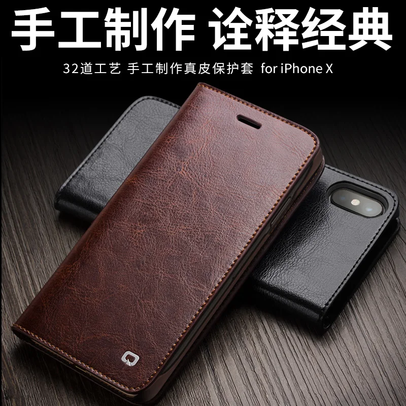 

New Real cow skin business cover for iphoneX Luxury flip genuine leather cowhide retro wallet case for iphone X Qialino brand