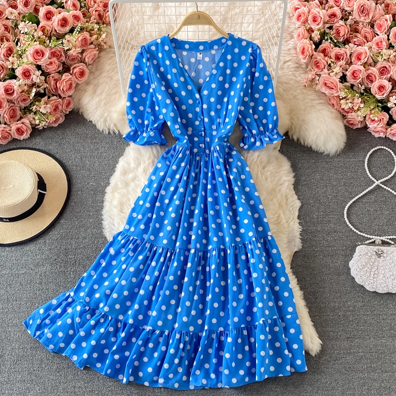 Vintage V-Neck Polka Dot Puff Sleeve A-Line Maxi Dress