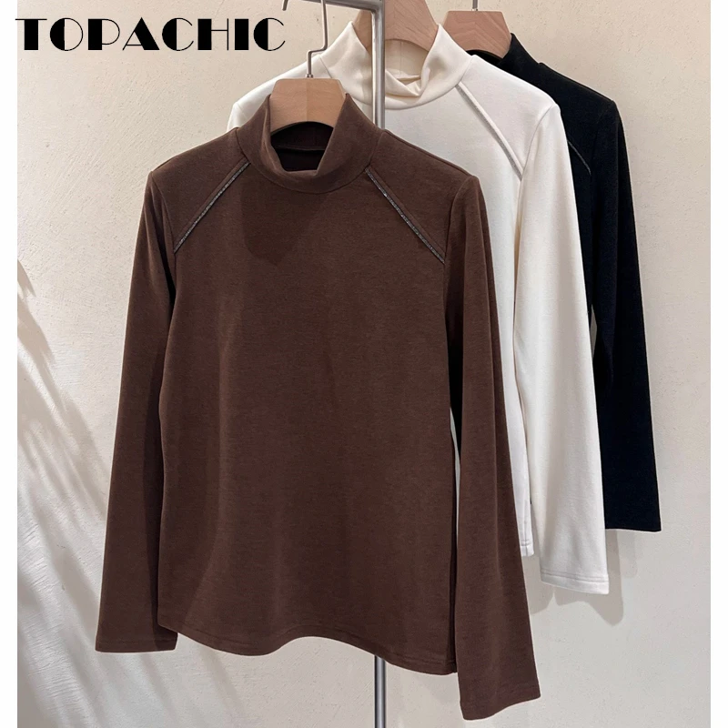 

10.26 TOPACHIC Women's Soft Long Sleeve Tee Stand Collar Solid Color Bead Chain Decoration Casual Thick T-Shirt