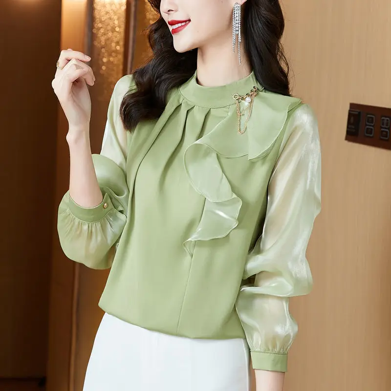 

Elegant Ruffles O-Neck Spliced Folds Puff Sleeve Loose Shirt Oversized Casual Tops Long Sleeve Commute Women's Clothing Blouse