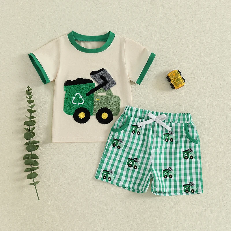 Toddler Boys Summer Shorts Sets Short Sleeve O Neck Tractor Embroidery Tops and Plaid Shorts
