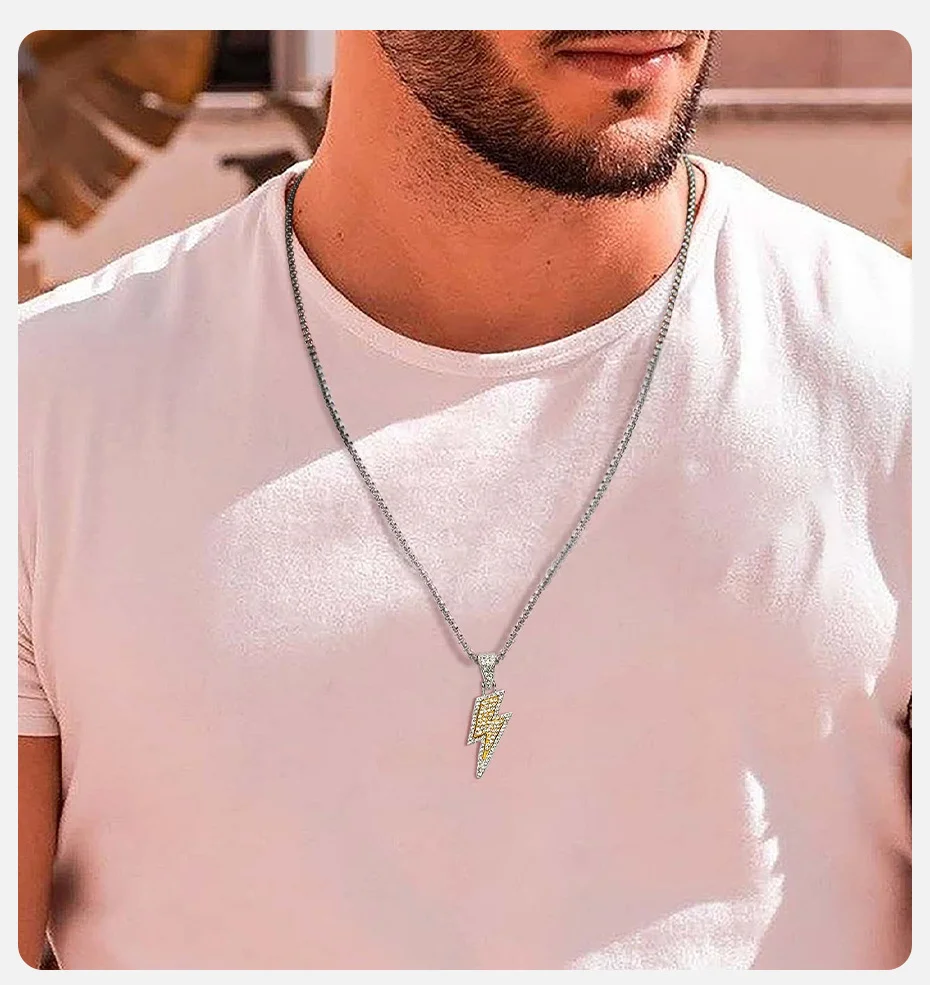 Vnox Hiphop-Halskette mit Blitz-Anhänger, 60 cm, Edelstahl-Kastenkette, Zirkonia-Kette, Schmuck, Geschenke für Männer, Vater, Jungen, Sohn – Detail 5