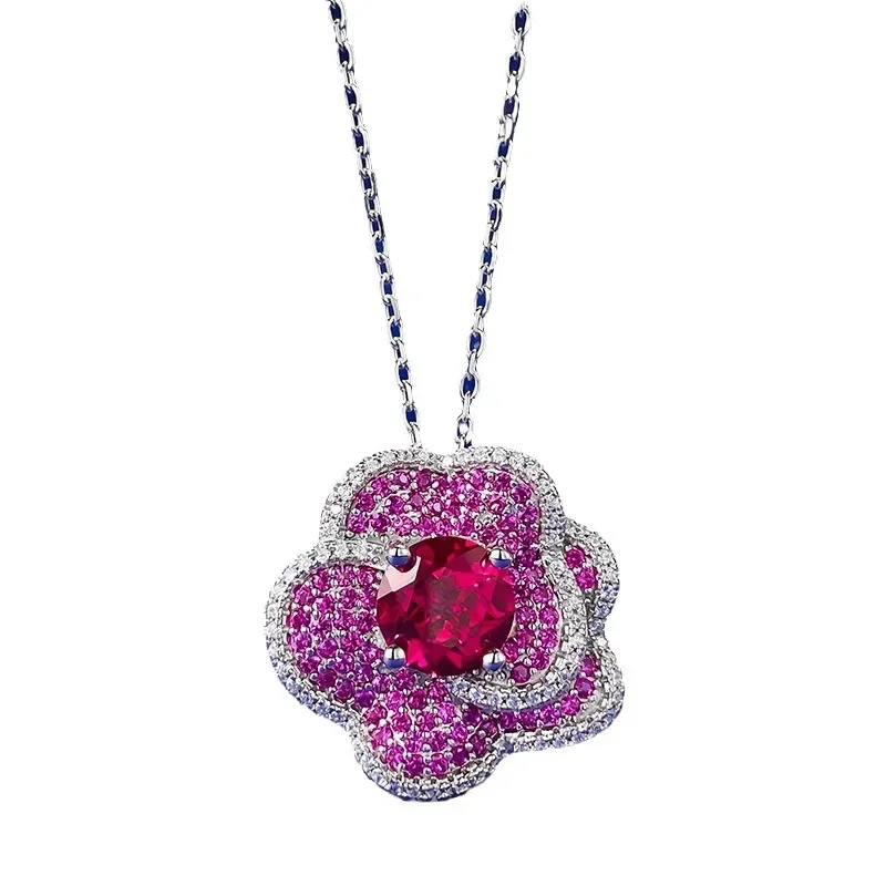

Spring Qiaoer 100% 925 Sterling Silver Ruby High Carbon Diamond Gemstone Flower Necklace Pendant Tennis Chain Fine Jewelry