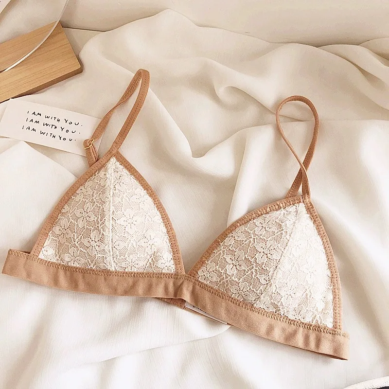 Sexy lace lingerie brief seamless triangle cup bra set thin rabbit ear  front buckle bra underwear female wirefree brassire