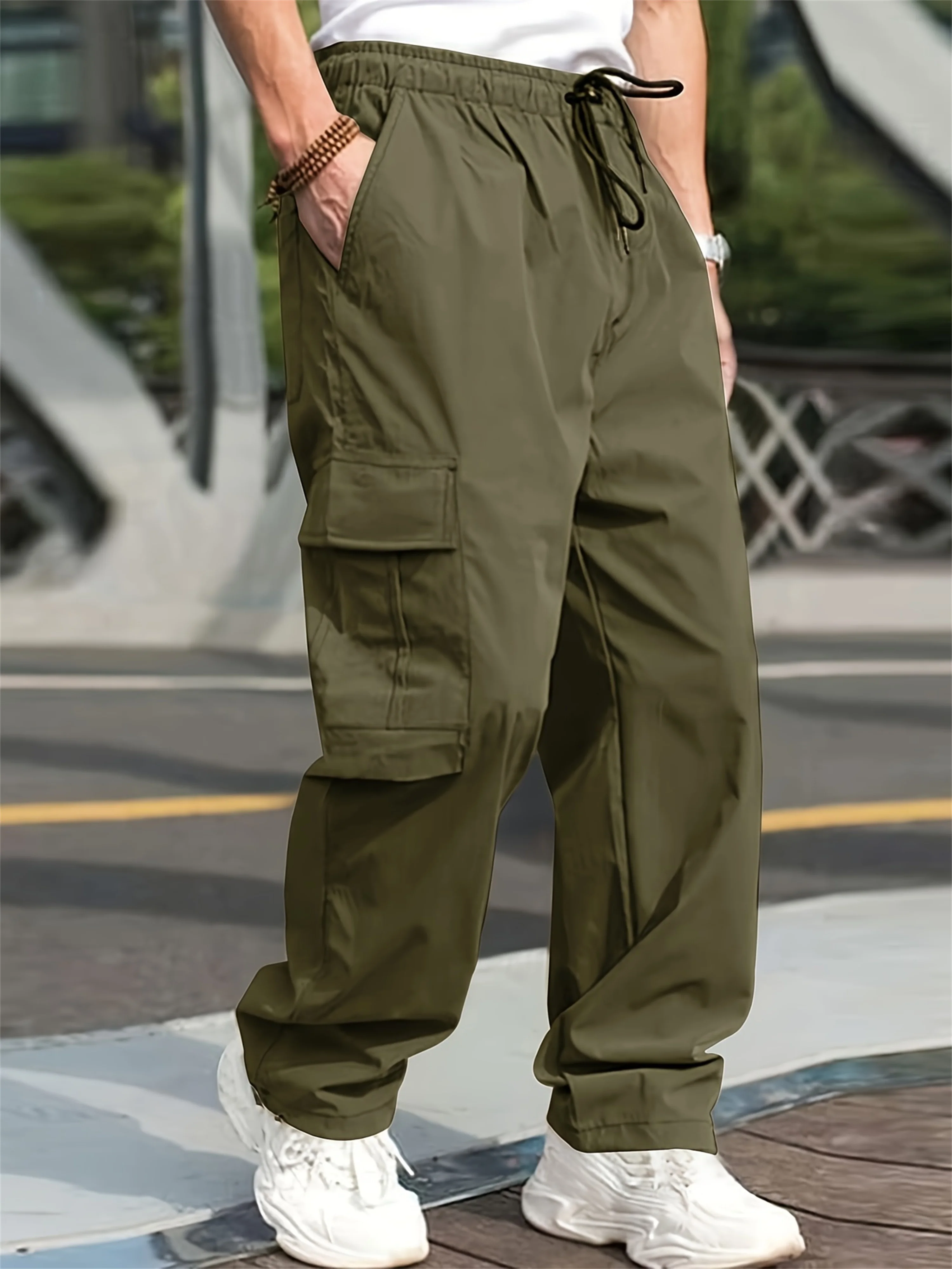 2024 Spring/Summer New Men's Fashion Casual Pants Solid Color Drawstring Multi Pocket Sports Running Straight Work Pants 5