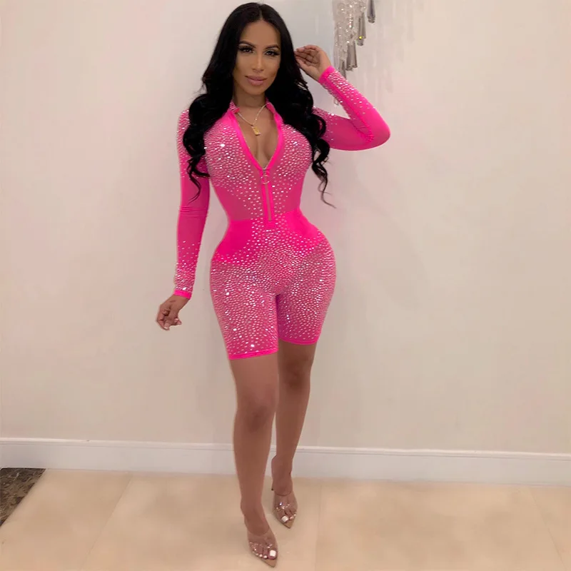 2022 Beauty Deep V Neck Hot Drill Mesh Sexy Long Sleeve Reflective Sequin Seethrough Jumpsuit