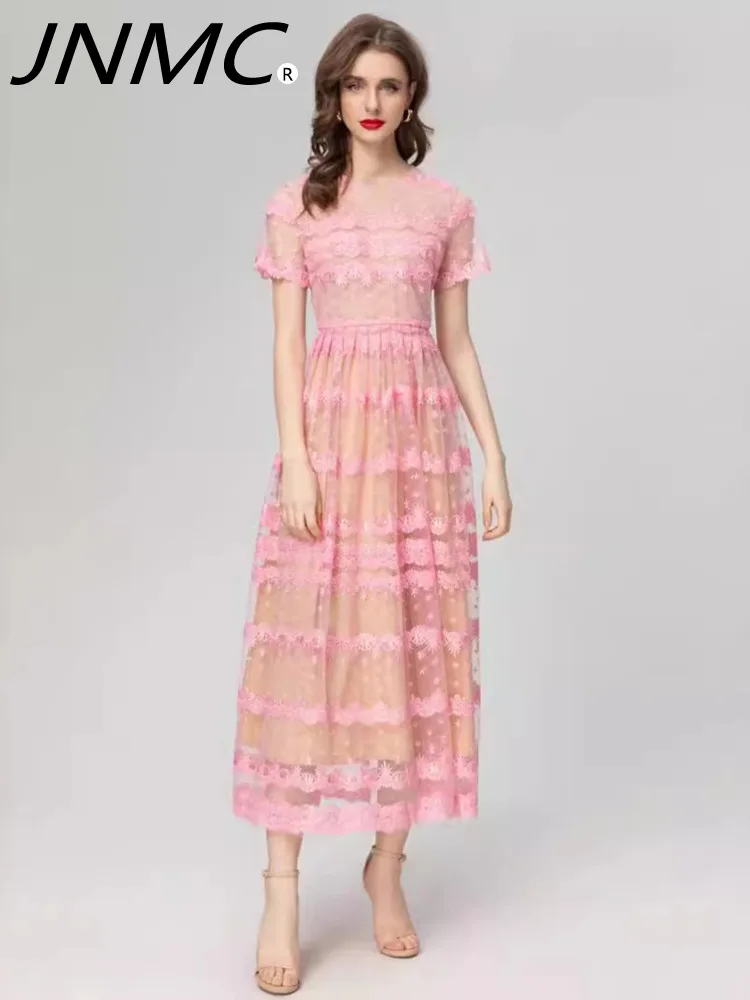 

JNMC Elegant Pink Dress Summer Spring New Fashion Design Women Runway Embroidery Lace Flower Short Sleeve Midi Party Mesh
