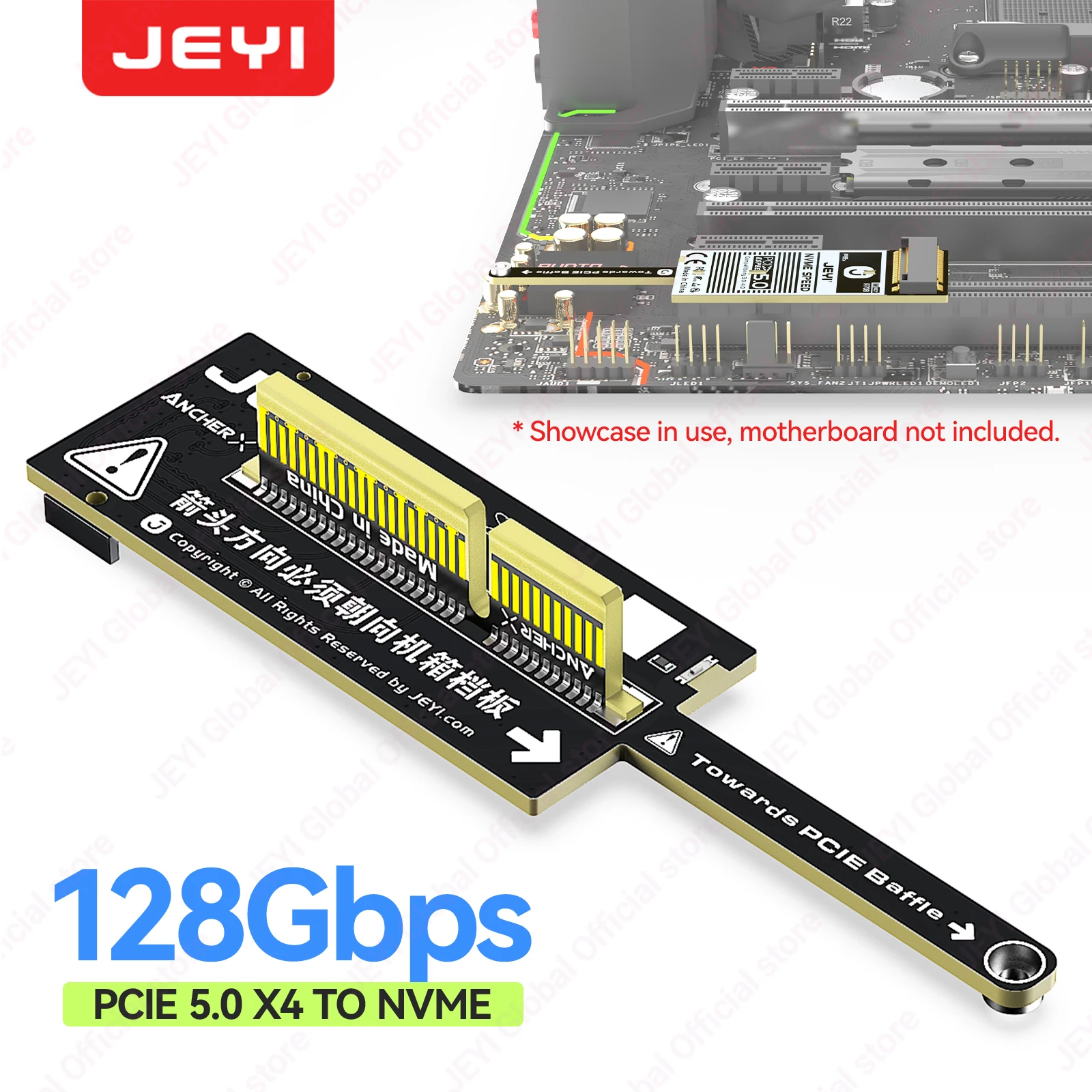 بطاقة محول JEYI مسطحة من PCIe 5.0 x4 إلى NVMe بسرعة 128 جيجابت في الثانية، تصميم صغير مدمج لا يعيق وحدة معالجة الرسومات، متوافق مع M.2 2280 NVMe SSD وPCIe X4/X8/X16