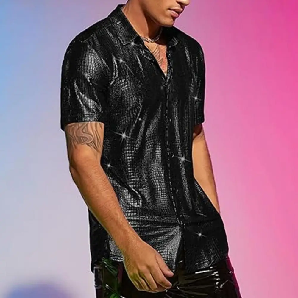 

Waterproof Men Shirt Men's Shiny Satin Performance Shirt with Turn-down Collar Single-breasted Design for Club Party Disco Stage