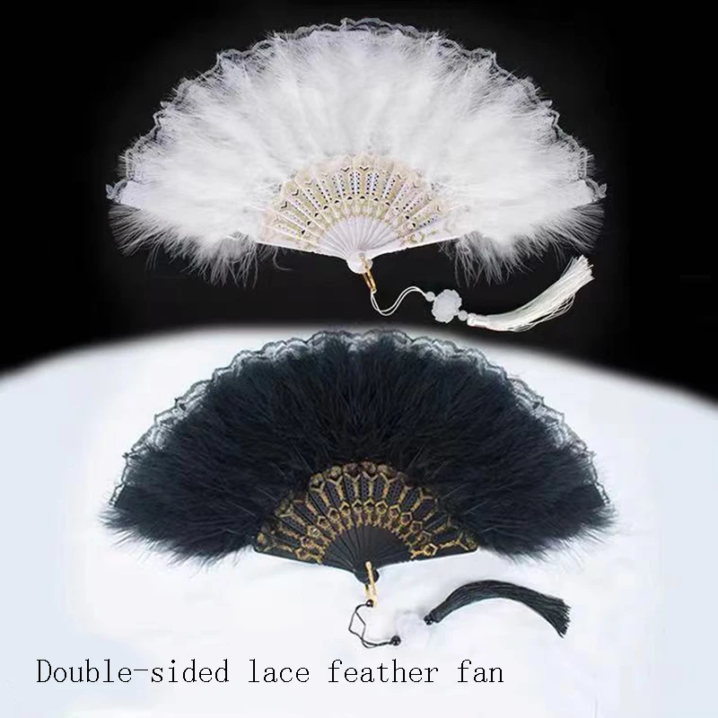 

2Pcs Lace Folding Handheld, 25cm Feather Fan Lace Fan, Vintage Folding Fan Flapper Hand Fan for Wedding Decoration Dancing Party