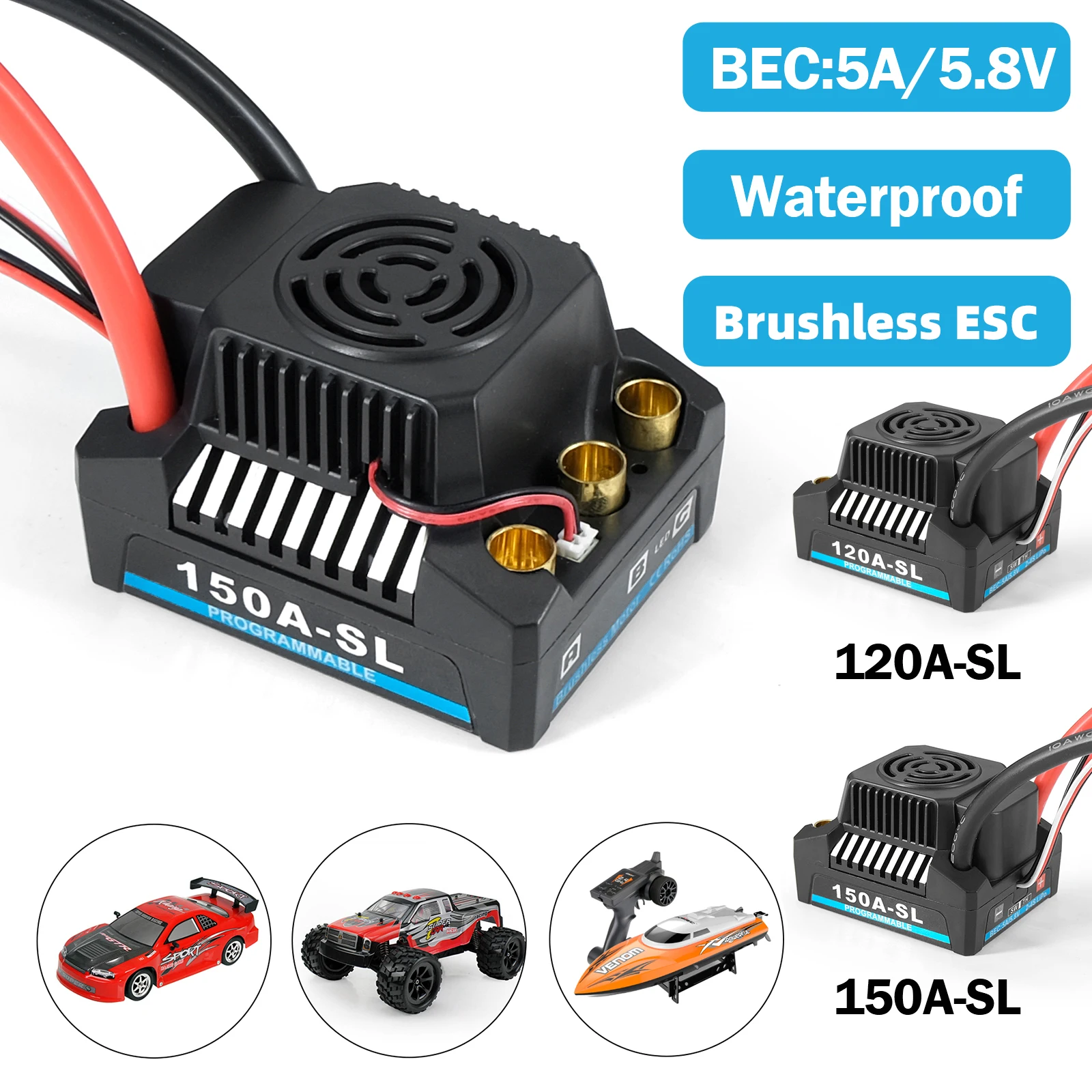 

120A/150A бесщеточный ESC Водонепроницаемая Электрическая регулировка 1:10 RC Crawler Axial SCX10 AXI03007 90046 TRX4 Запчасти для автомобиля лодки RC ESC