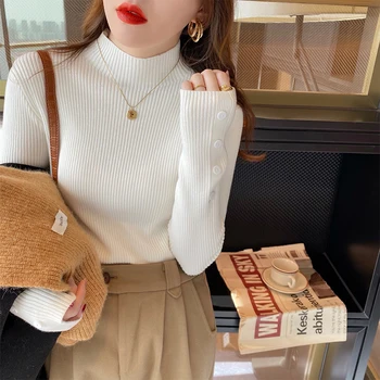 سترة نسائية موضة خريف وشتاء لعام 2025 سترة نسائية ضيقة ومطاطة محبوكة بأكمام طويلة وأزرار متماسكة 3