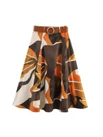 2025 Women Summer MIDI Skirts Vintage Print Poplin Belt Female Elegant Street A-Line Skirt Clothing
