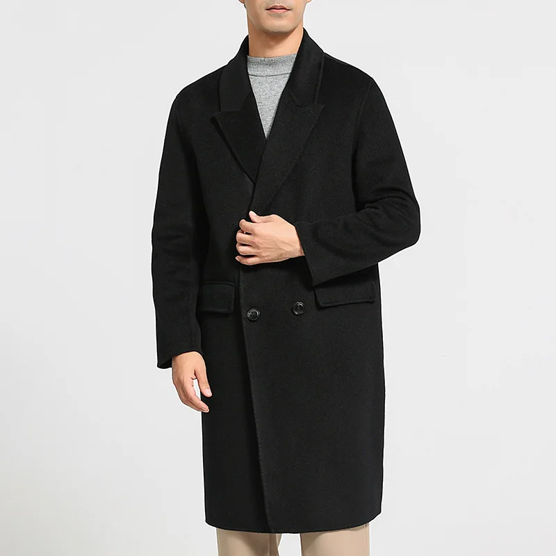 Men's 100% cashmere thick double-sided extended coat, classic and