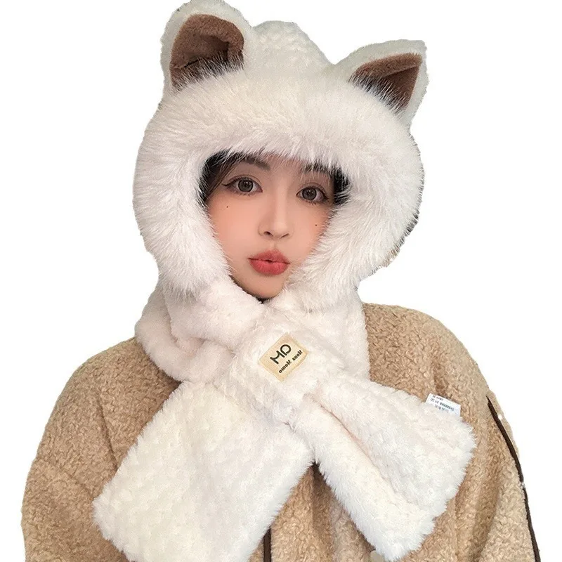 Fox Ear Hat Scarf One Piece Women's Winter Cute Plush Furry Animal Set with Neck Connection Two Piece