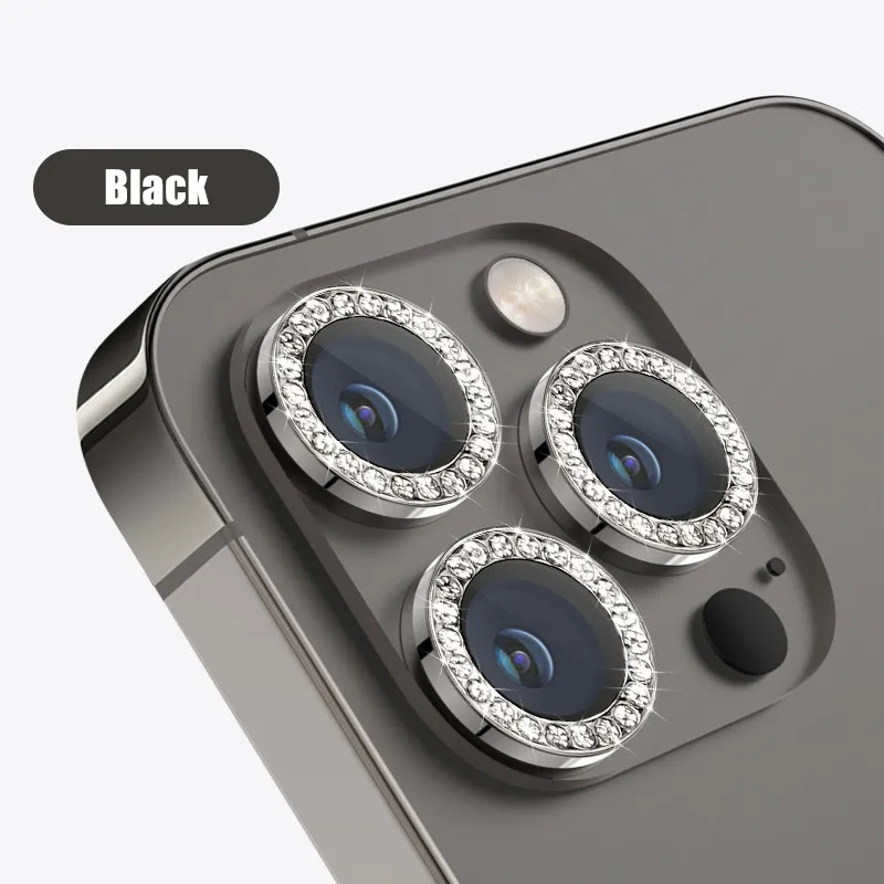 Sparkling Diamond Rhinestone Metal Ring Camera Lens Protector with Tempered Glass - Full Cover