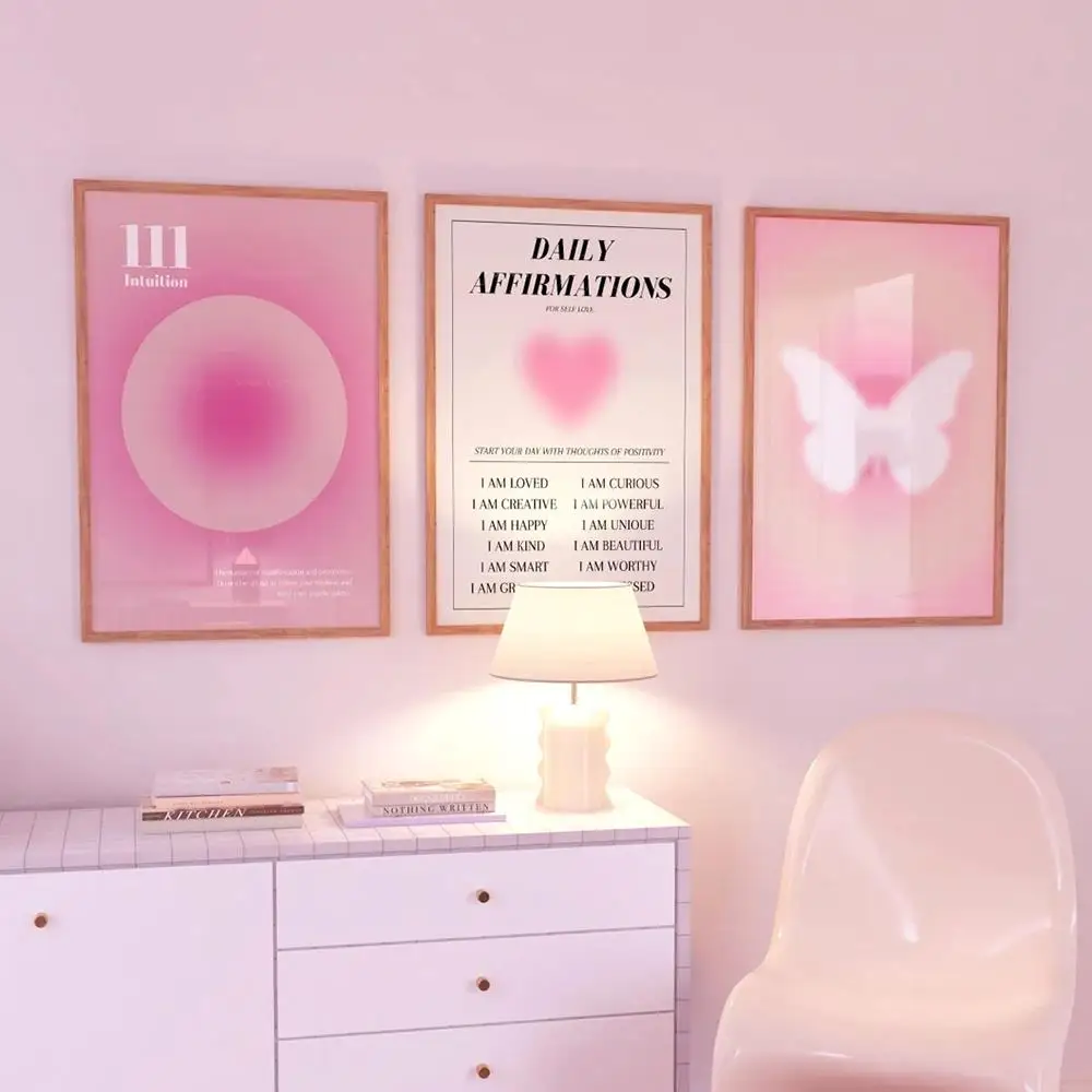 

3pcs/Set Pink Aura Affirmation Trust Graident Spiritual Angel Numbers Wall Art Canvas Painting Poster For Living Room Home Decor