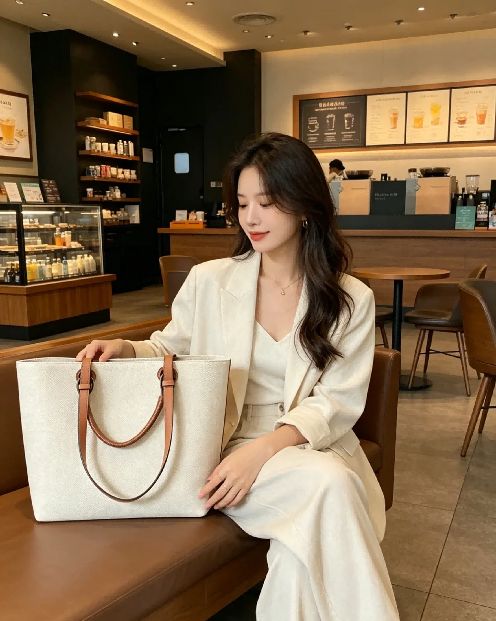 New Genuine Leather Women's Large Tote Bag Handbag Classic Shopper Pocket Beige Purse For Commuters