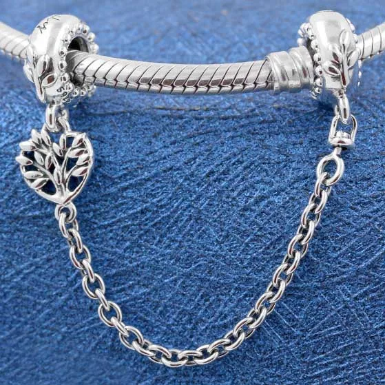 

Original Two-tone Heart Family Tree Safety Chain Beads Fit 925 Sterling Silver Bead Charm Europe Bracelet Diy Jewelry