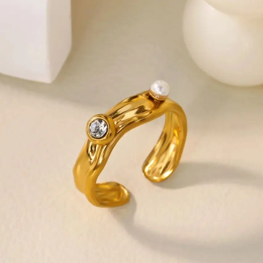 Zircon Pearl Rings Women Gold Stainless Steel Adjustable