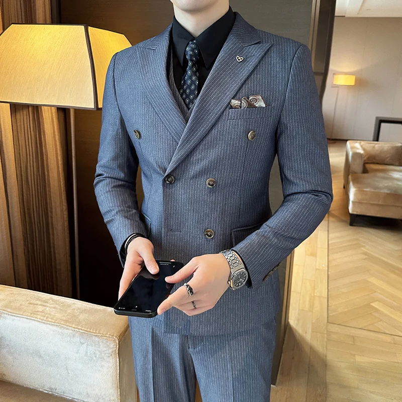 Men's High Sense (suit + Vest + Trousers) Double Breasted Weight 3/2 Piece Business Casual Bridegroom Wedding Dress Regular