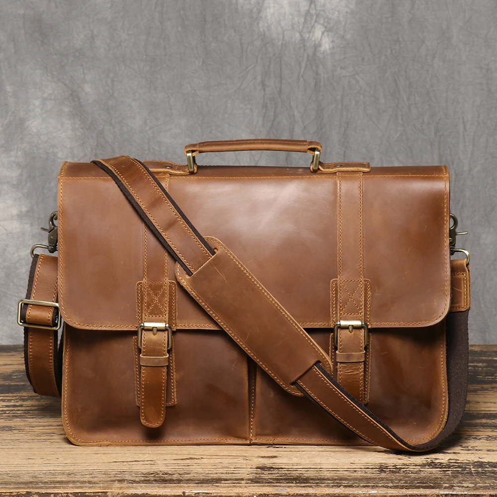 Retro Briefcase Crazy Horse Leather Men’s Cowhide Shoulder Crossbody Bag Large Capacity Genuine Leather Laptop Bag