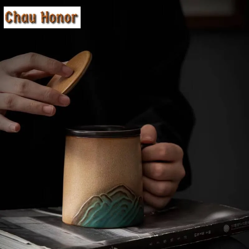 280ml Retro Distant Hills Coarse Pottery Filter Tea Separator Cup Zen Tea Mug with Infuser Tea Brewing Office Water Cup Craft