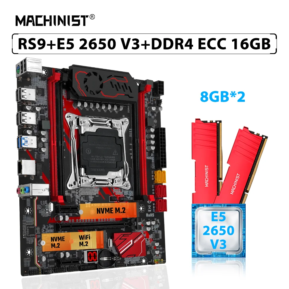 

MACHINIST X99 RS9 Motherboard Set LGA 2011-3 Kit Xeon E5 2650 V3 Processor CPU 16GB(2pcs*8GB) DDR4 ECC Memory RAM NVME M.2 SATA